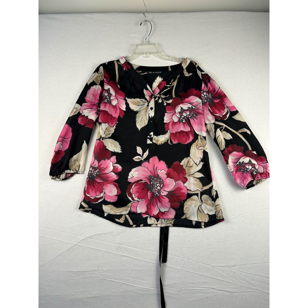 Zac & Rachel Womens Medium Floral Blouse Black Pink 3/4 Sleeve Tie Back Top